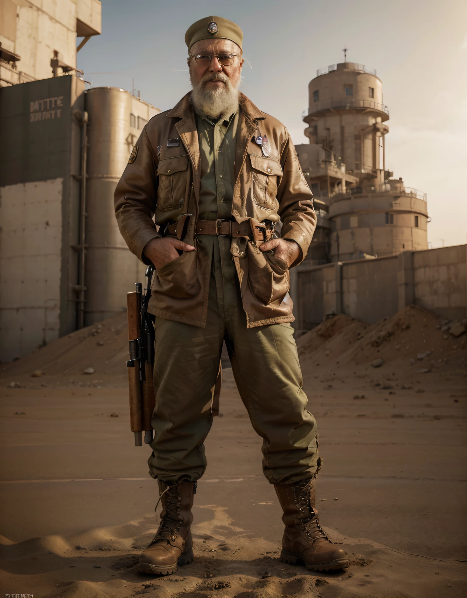 old man, wrinkled face, Middle Eastern skin color, thick white beard, white hair color, wears military-style cap, and welder's glasses on forehead, brown eyes, wears thick olive green military-style jacket, leather apron brown, has long brown gloves and hands, carries a gun in one hand, wears a belt with ammunition, baggy light brown military style pants, black military boots, background of the image, desert, retro-Soviet dieselpunk style factory in the desert, Sunny day, ultra realistic, Ultra detailed, hyper realistic, 4k, Ultra detailed image, realistic, Highly detailed, perfect composition, beautiful, intricately detailed, incredibly detailed, 8k art photography, hyper detailed, ultra realistic masterpiece, ultra detailed, hyper realistic , 4k, ultra detailed image, realistic, highly detailed, perfect composition, beautiful, intricately detailed, incredibly detailed, art photography 8k, hyper detailed, masterpiece