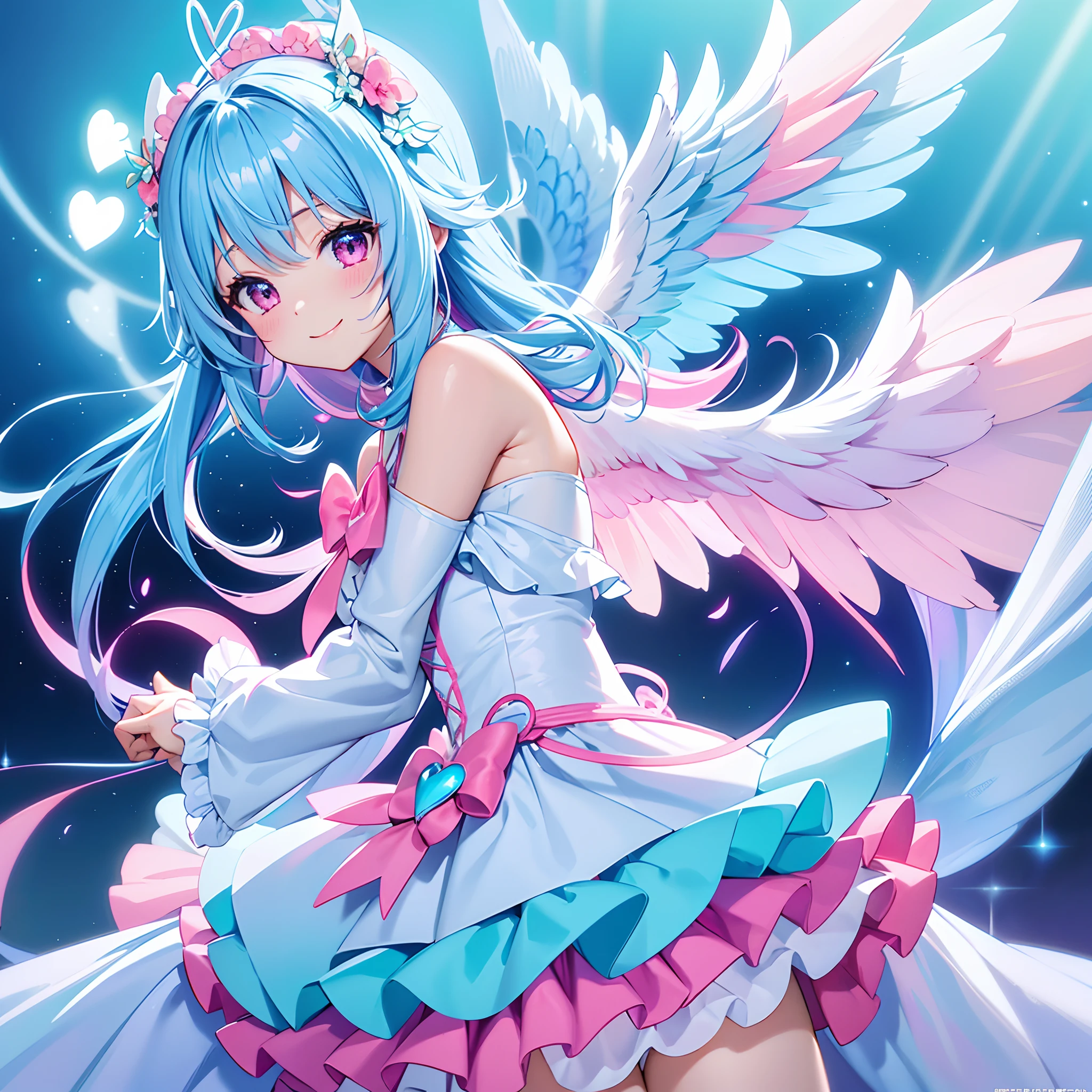 Colorful glowing angel wings、Kawaii Girl、adorable smiling、Light blue long hair、Twin-tailed、Colorful angel costume、Pink and white costume　((top-quality))、((​masterpiece))、(ighly detailed、highestdetailed、Official art、Beautifully Aesthetic:1.2)