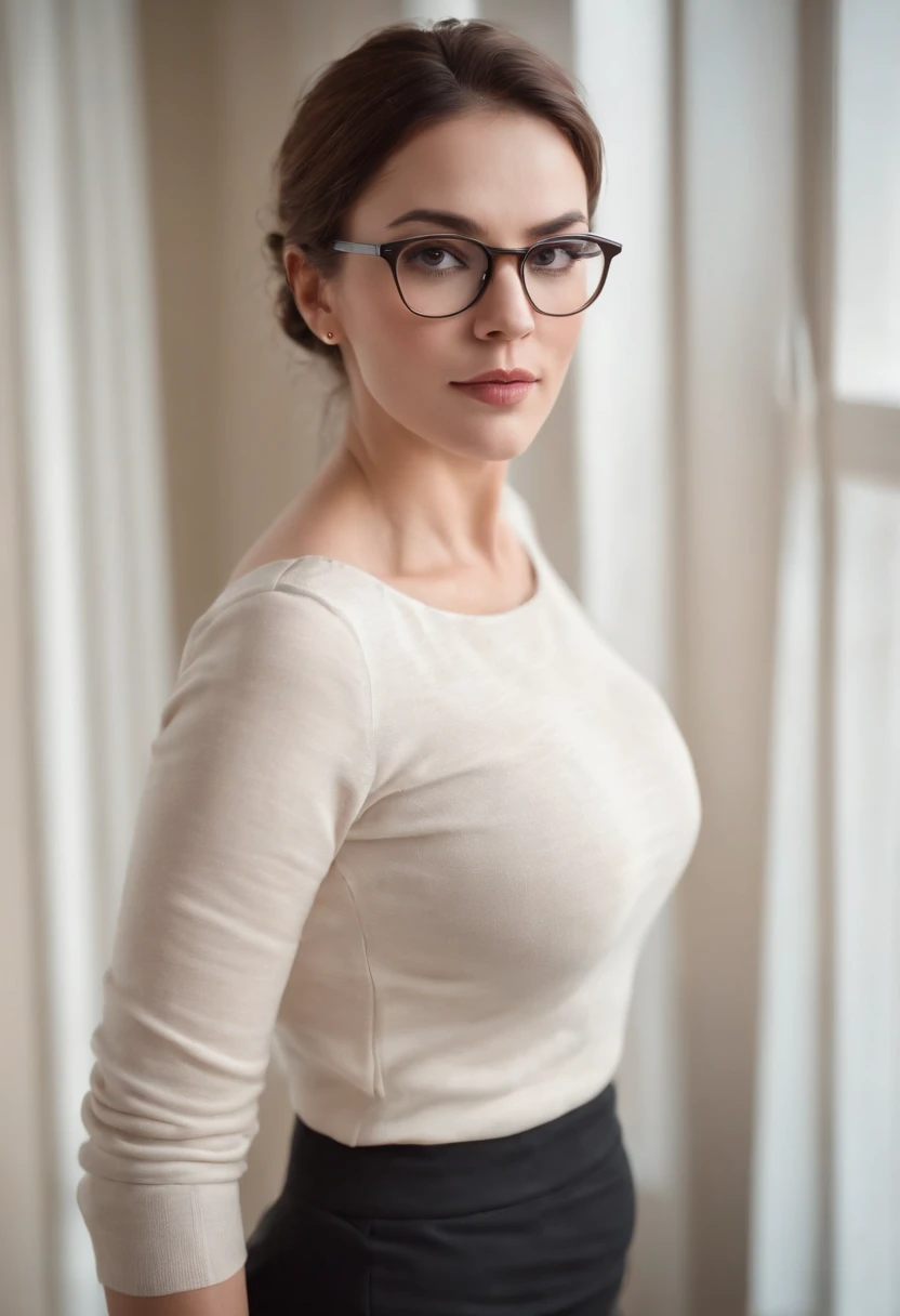 A close up of a woman wearing glasses and a white shirt - SeaArt AI