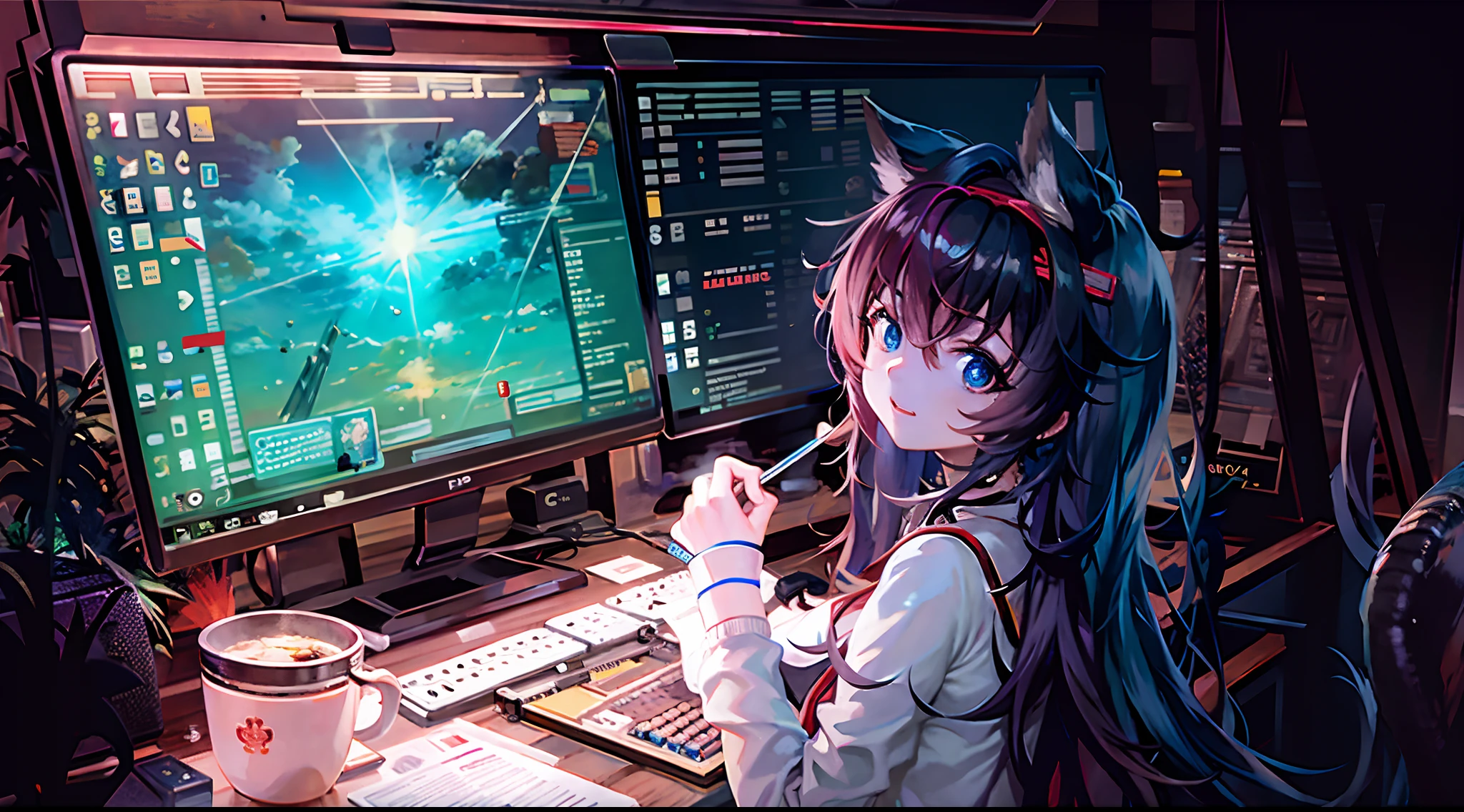 Menina anime sentada na frente de um computador com um teclado e mouse, estilo anime 4K, Anime Art Wallpaper 4K, Anime Art Wallpaper 4K, Anime Art Wallpaper 8K, anime girl desktop background, Papel de parede anime 4k, arte de anime digital, night core, Anime Wallpaper 4k, 4k anime wallpapers, Arte digital no Pixiv