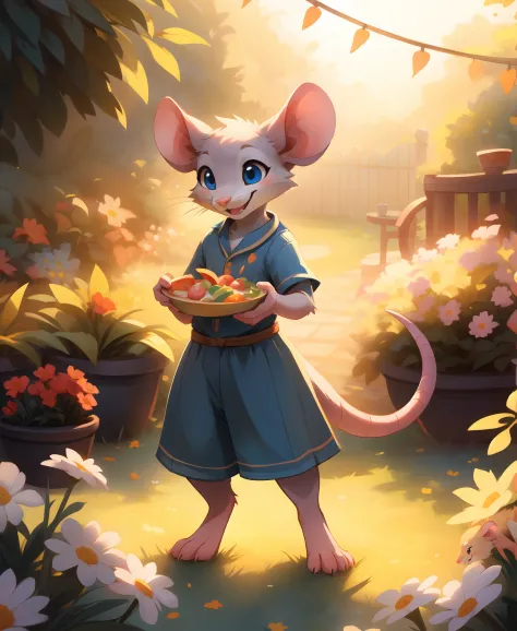 anthro rat standing in a garden, smiling, gorgeous eyes, whole body, dynamic pose, eating salade, morning, cute, happy, goodstuf...
