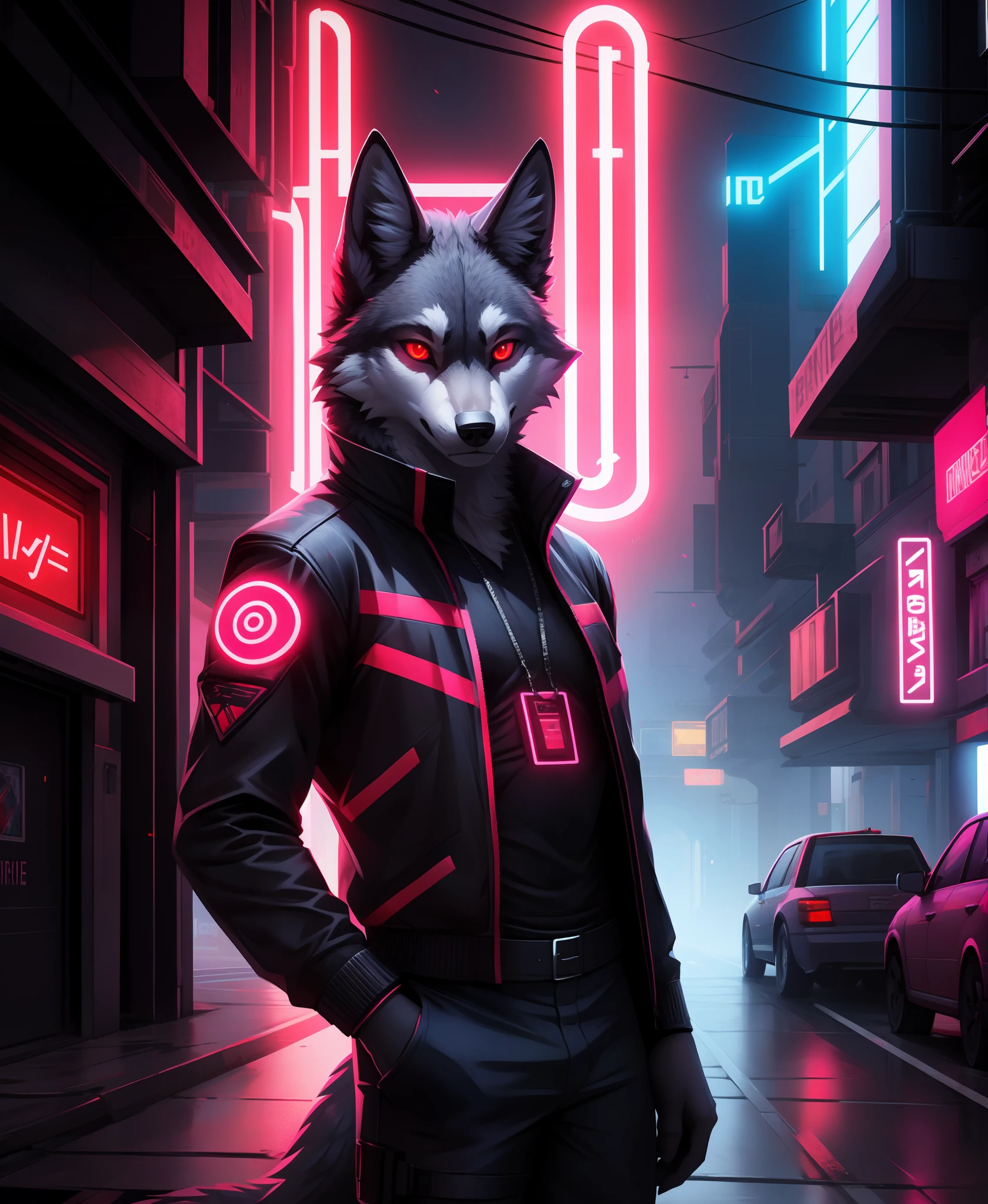 wolf , cyberpunk, portrait, black , red neon eyes, wearing stylish [black|red] clothes standing in a city, (sunrize:1.4), road, intricate, phototealistic