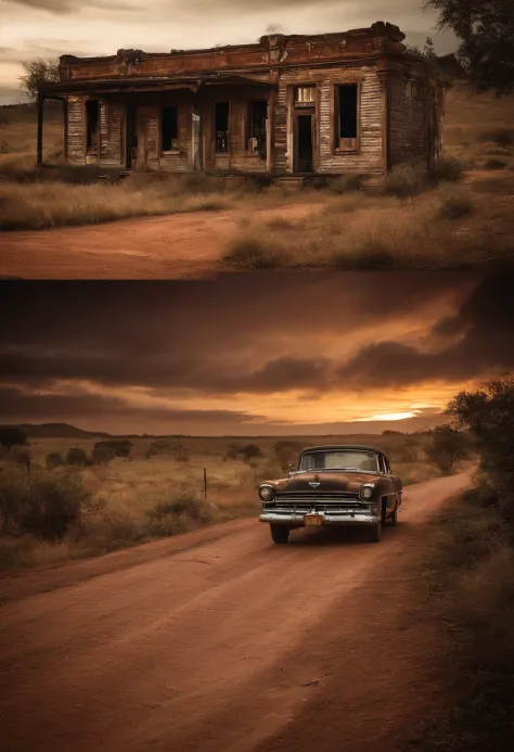 A ghost town with abandoned buildings and a mysterious atmosphere, um antigo saloon do Velho Oeste, destacando a arquitetura do passado, A photo of ruined buildings, Emphasizing the Decay of Ghost Towns, A deserted road leading to the ghost town, Conveying...