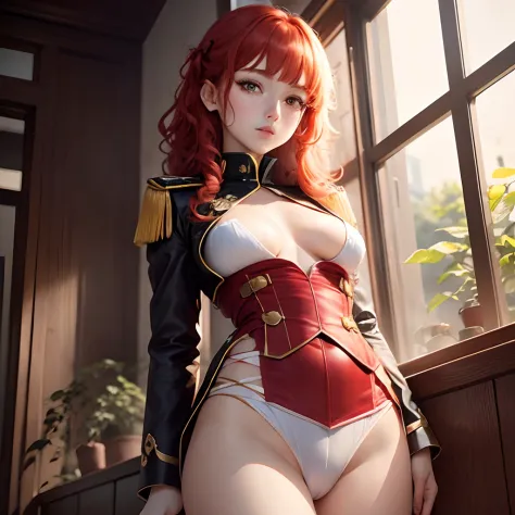 Curly and red hair、hime-cut、Girl with golden eyes、View of the crotch from below、flat chest、Thin pubic hair、Beautiful open legs、White military uniform