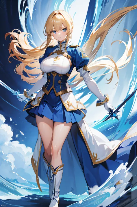 4k,hight resolution,One Woman,a blond,Longhaire,big breasts,The brave,Blue Hero Clothing,Blue skirt,Long white boots,Long white gloves,Excalibur