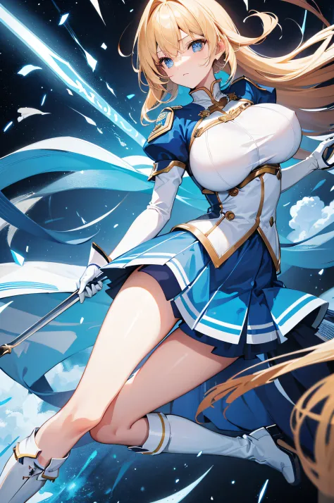 4k,hight resolution,One Woman,a blond,Longhaire,big breasts,The brave,Blue Hero Clothing,Blue skirt,Long white boots,Long white gloves,Excalibur
