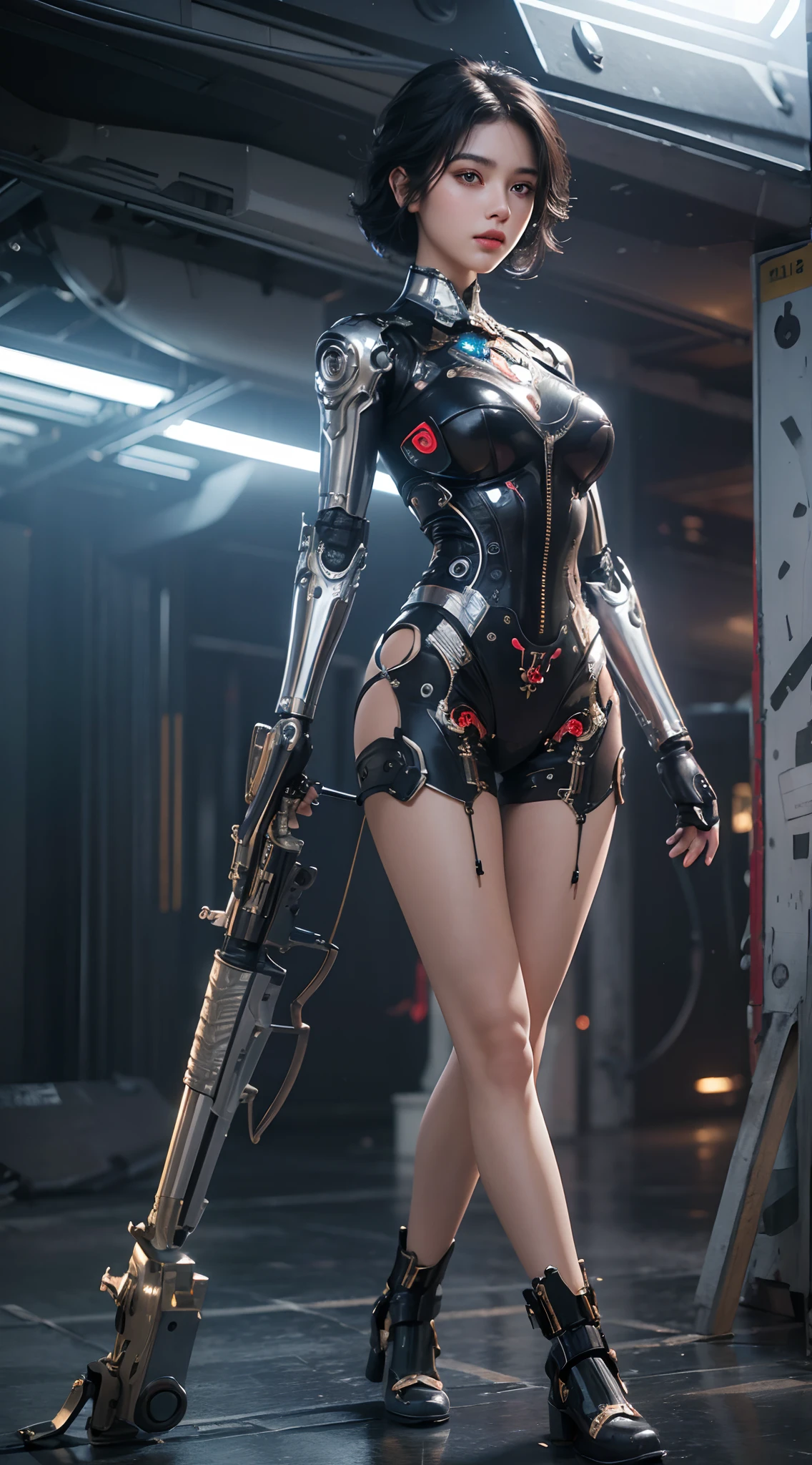 ((Masterpiece))), ((Best Quality))), ((Ultra Detailed)), (Ultra Real), (Highly Detailed CG Illustration), Cinematic Light, Realistic, Very Beautiful Young Lady, (Beautiful Face and Lips), Intricate Details, Full View, Weapon, Robotic Arm, Cinematic Quality, Full Body, Short Black Hair