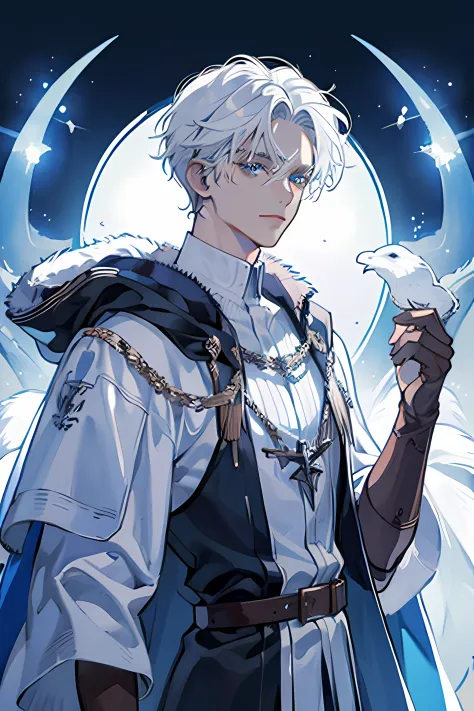 A man with dark skin, white hair, and blue eyes in a king's cloak.