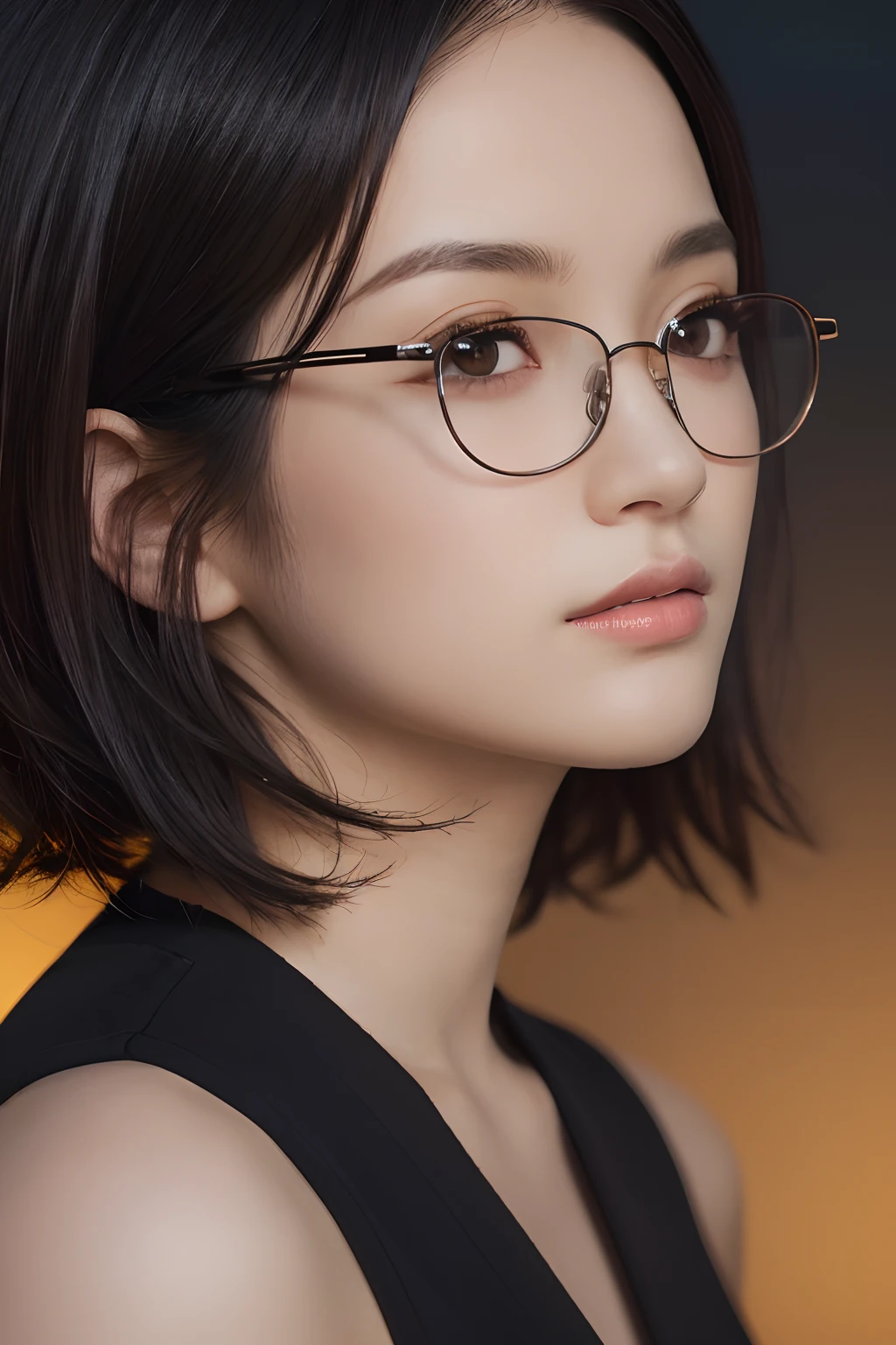 (masterpiece:1.3), (8k, photorealistic, RAW photo, best quality: 1.4), (1girl), beautiful face, (realistic face), (black hair, short hair:1.3), beautiful hairstyle, realistic eyes, beautiful detailed eyes, (realistic skin), beautiful skin, (round glasses), absurdres, attractive, ultra high res, ultra realistic, highly detailed, golden ratio, (night, dark, rim lighting, side view)