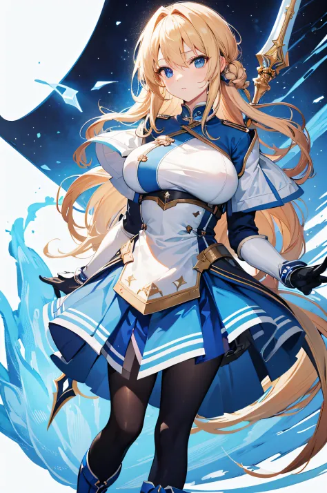 4k,hight resolution,One Woman,a blond,Longhaire,big breasts,The brave,Blue Hero Clothing,Blue skirt,Long white boots,Long white gloves,Black tights,Excalibur