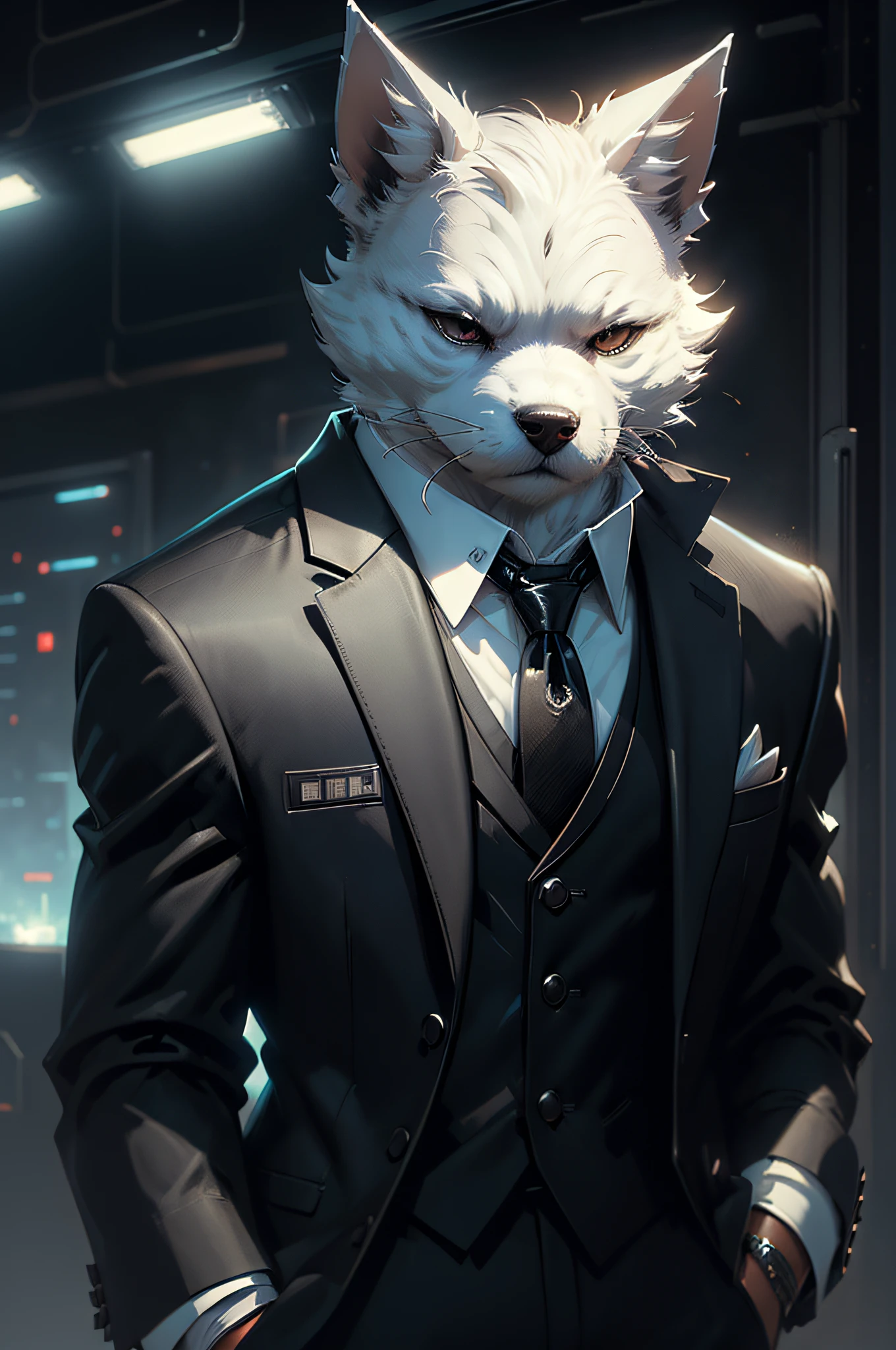 (Homme en costume noir et cravate)Bande dessinée、Chien terrier blanc anthropomorphe、cyberpunk