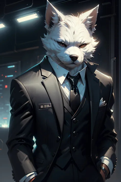 (Man in black suit and tie)comic strip、Anthropomorphic white terrier dog、cyberpunked