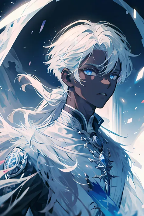 A man with dark skin, white hair, and blue eyes in a king's cloak.