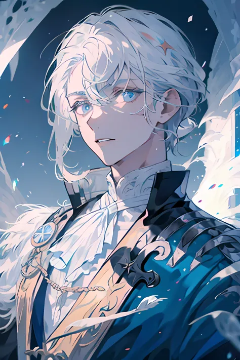A man with white hair, and blue eyes in a king's cloak.