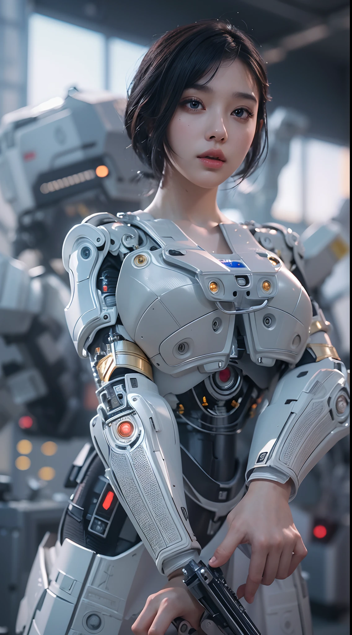 ((Masterpiece))), ((Best Quality))), ((Ultra Detailed)), (Ultra Real), (Highly Detailed CG Illustration), Cinematic Light, Realistic, Very Beautiful Young Lady, (Beautiful Face and Lips), Intricate Details, Full View, Weapon, Robotic Arm, Cinematic Quality, Full Body, Short Black Hair