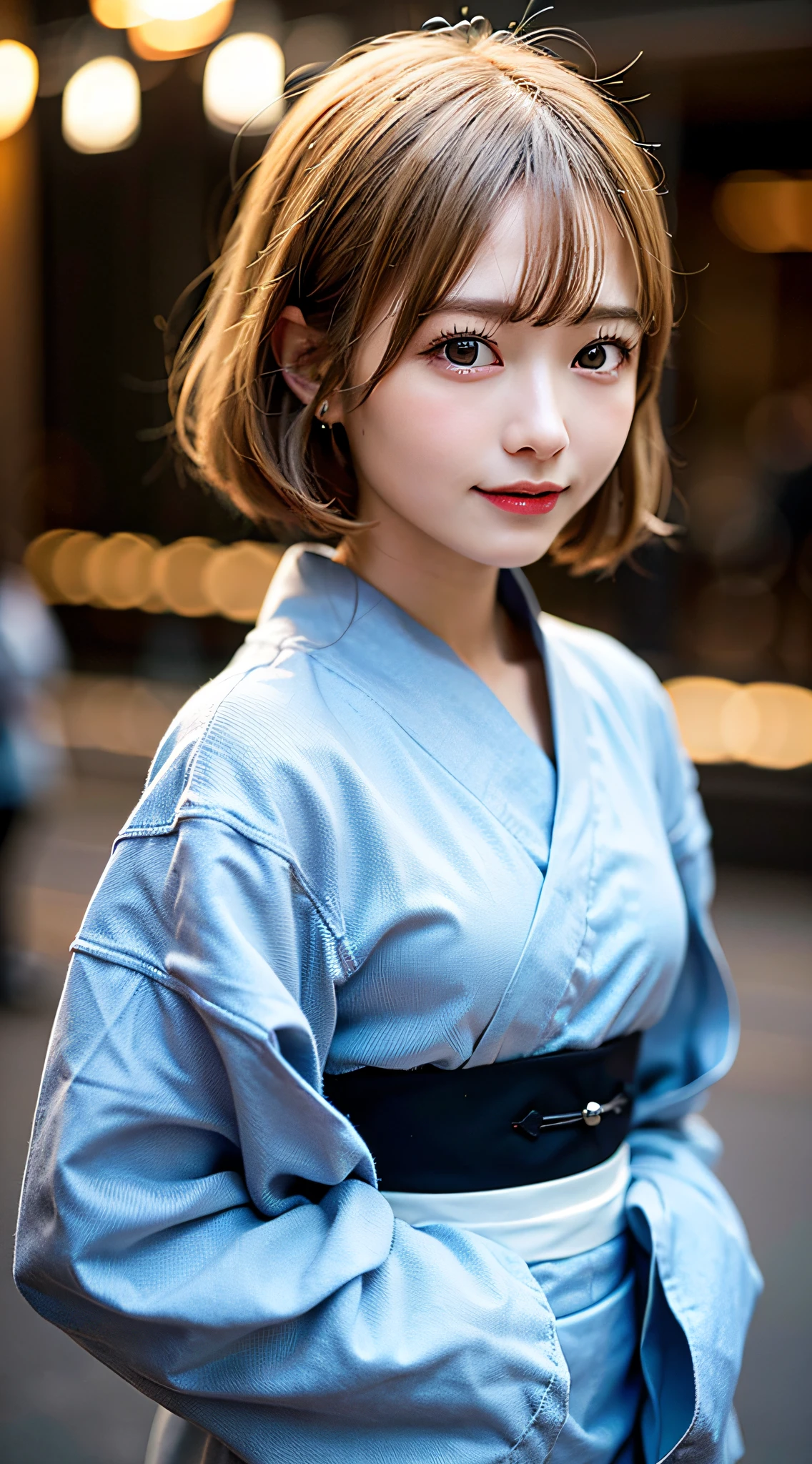 (8K, Raw photo:1.2), Detailed face and eyes,Best Quality, 超A high resolution, Highly detailed ,intricate detailes ,masutepiece ,Cute Girl , Soft cinematic light, Hyper-detailing,Sharp Focus, High quality, Blonde hair, bob cuts, Yukata