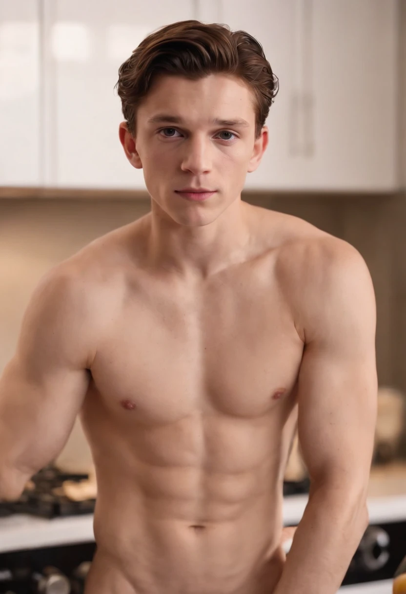 A shirtless young man standing in a kitchen with a knife - SeaArt AI