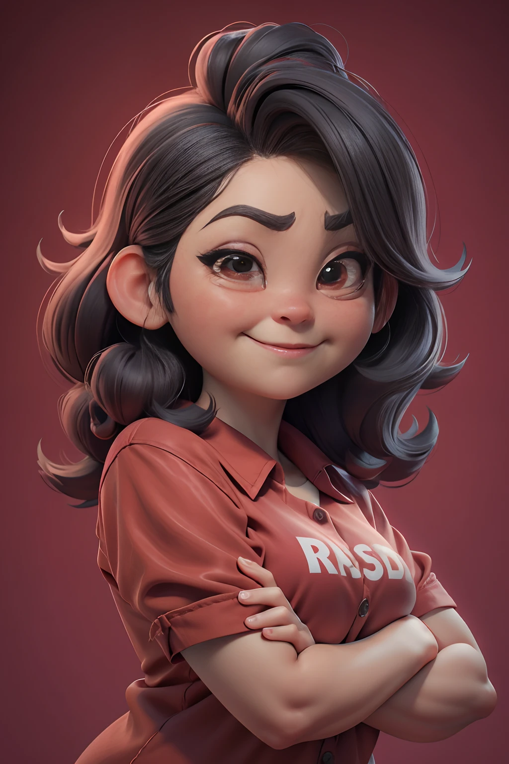 Develop 3D Pixar-style animated characters, 35-year-old Jia Ling，chubby woman，Different facial expressions in red shirt， Реалистичный 3D-рендеринг, high resolution texture, dramatic  lighting, Expressive comics, Different facial expressions with giggles, Dramatic, rich perspectives. a close up of a.