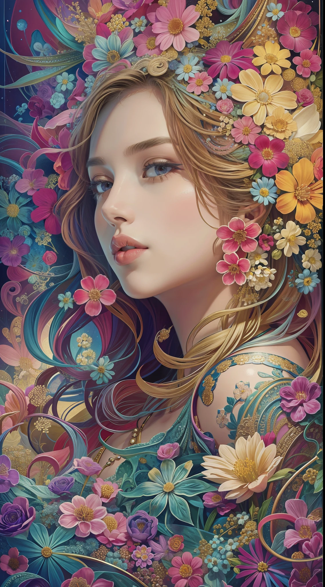 1girl in a masterpiece, top-quality, official art, beautifully aesthetic: 1.2, highlighting her upper body. The girl is surrounded by 1 flower, creating a highly detailed, colorfully vibrant scene. The artwork showcases the beauty of fractal art: 1.3 in the most intricate and detailed manner possible.