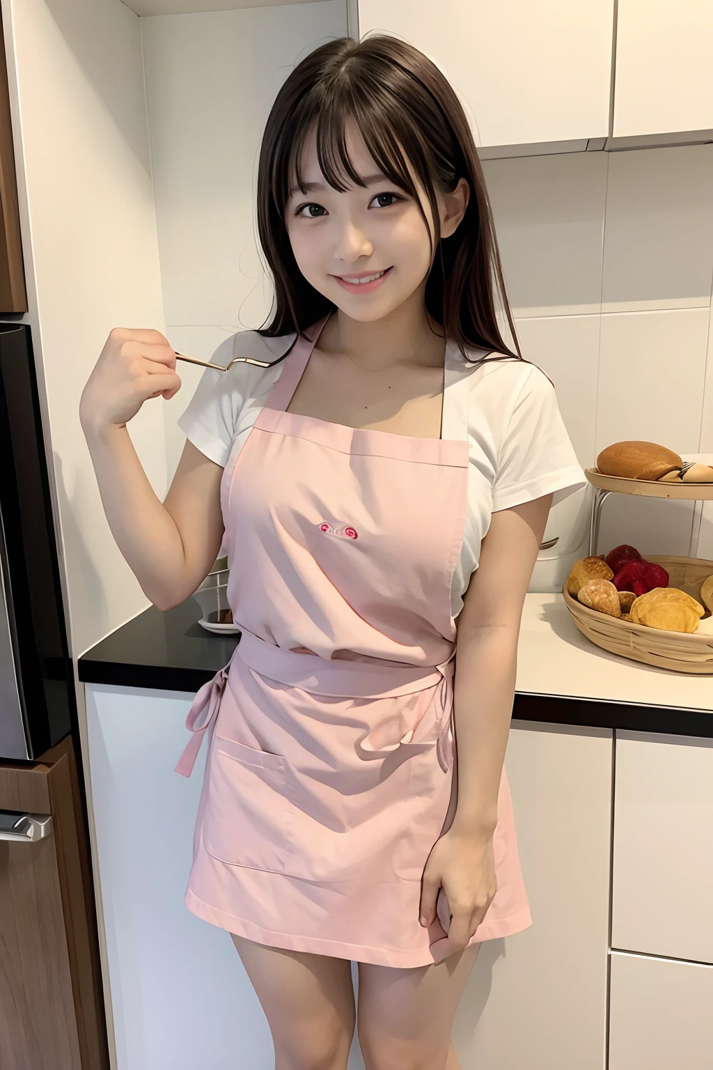 A close up of a woman in a pink apron posing for a picture - SeaArt AI