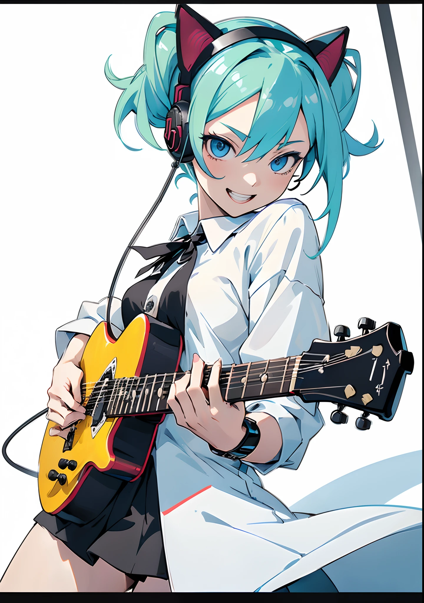 ((masutepiece, Best Quality))1girl in, Solo, Black Dress, Blue eyes, ((electric guitars)), headphones, double ponytails, (Jump while holding a guitar), holding plectrum, musical instrument, (long green hair), Music, One side up, Twin-tailed, (Cat's ears)、playing guiter、(The number of strings on the guitar is accurate)、(Precise details of an electric guitar),White futuristic clothes, White shirt, interiors、With a smile