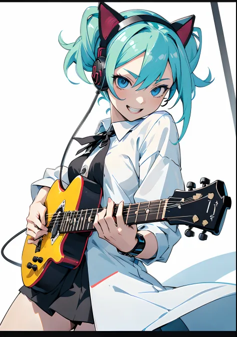 ((masutepiece, best quality))1girl in, solo, black dress, blue eyes, ((electric guitars)), headphones, double ponytails, (jump w...