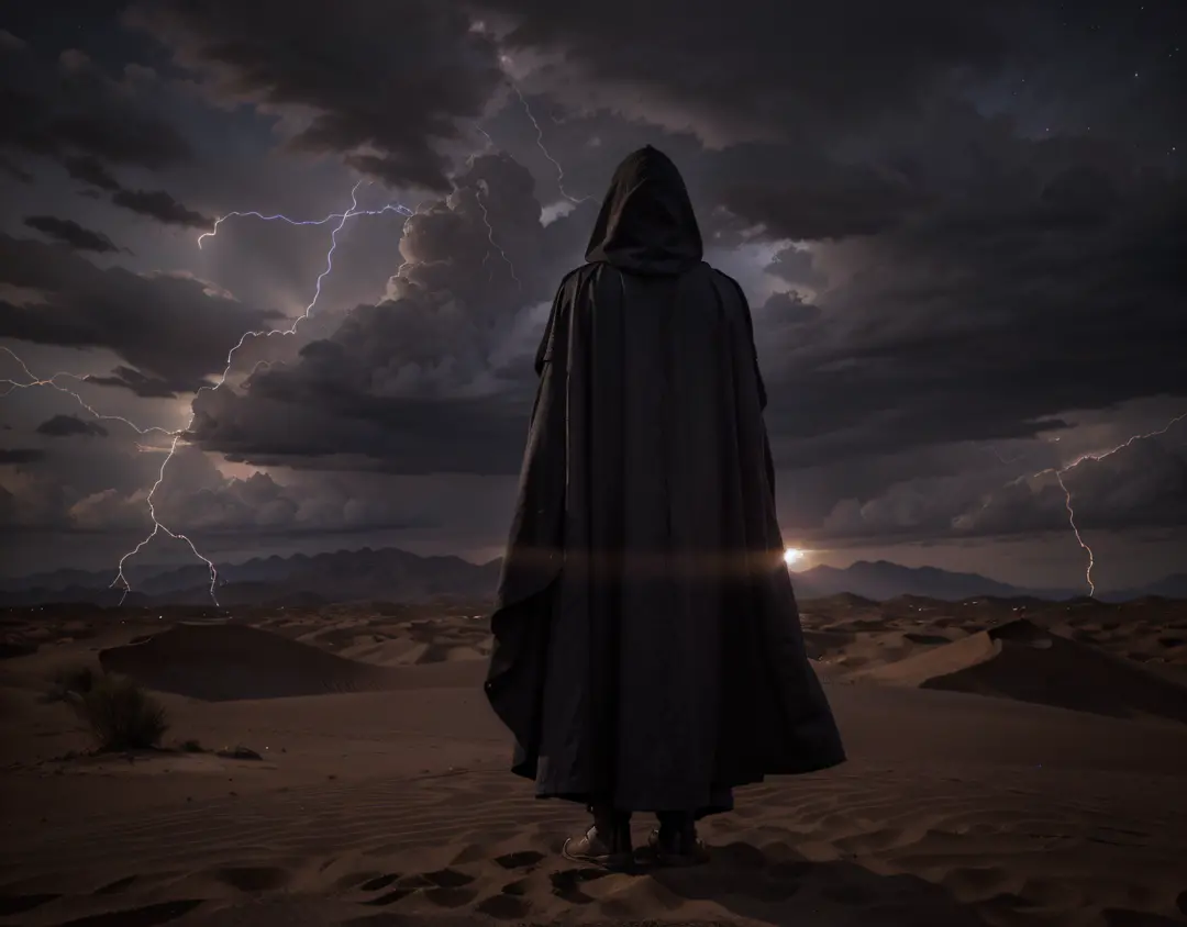 front view man in black robe, you cannot see his face, he is wearing long black boots, purple rays fall from the sky, cloudy night sky, he is in a gray sand desert, ultra realistic, Ultra detailed, Hyper realistic, 4k, Ultra detailed image, realistic, High...