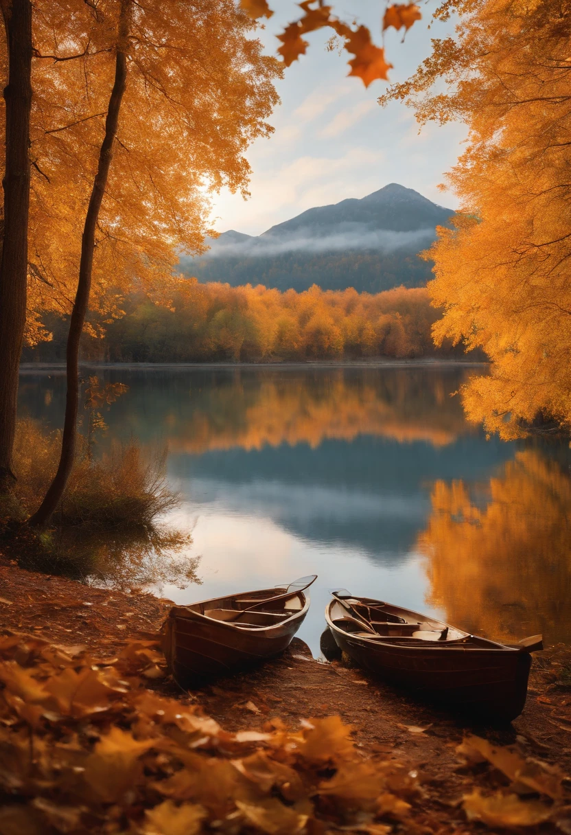 Two boats are sitting on the shore of a lake in the fall - SeaArt AI