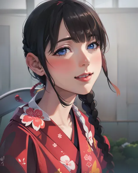1 beautiful Japanese girl, facing the audience, wearing a red kimono with flower motifs, long hair in braids, beautiful eyes, sharp nose, red lips and smiling, ping cheeks, white skin, anime