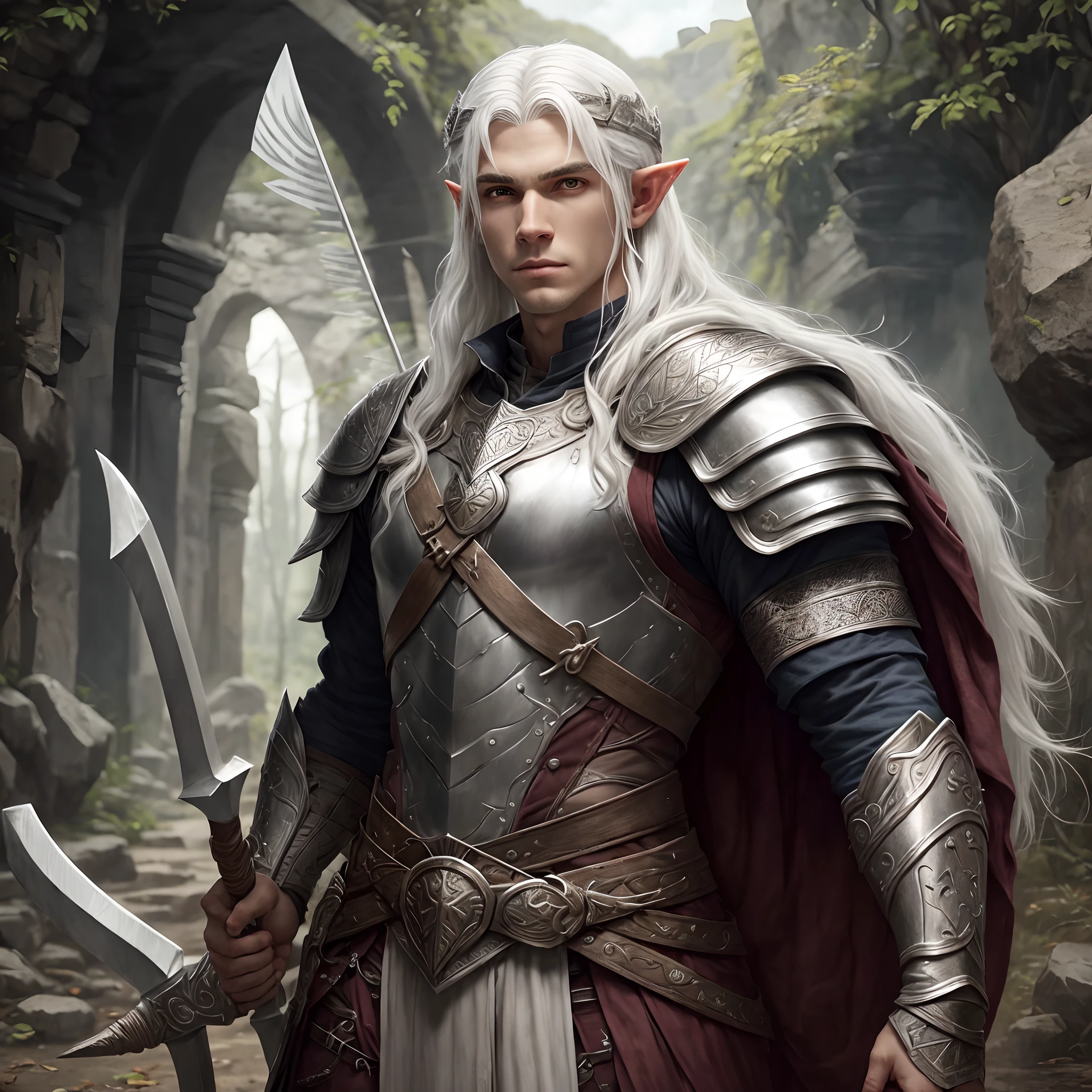(melhor qualidade, Altas),Jovem elfo de cabelos brancos brilhantes em uma armadura prateada com detalhes rúnicos,segurando um arco e flechas
