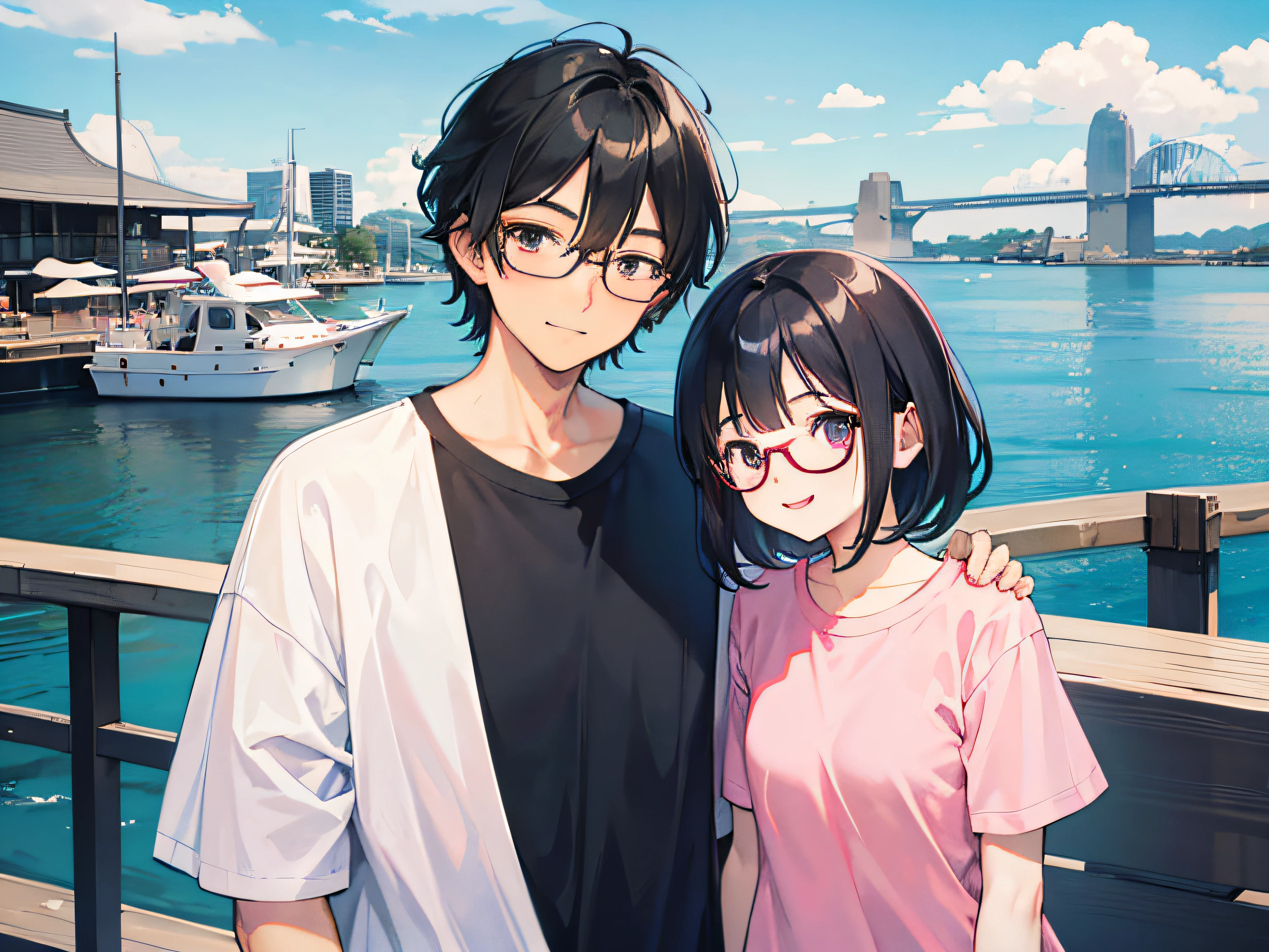 Anime couple posing for picture in front of a body of water - SeaArt AI