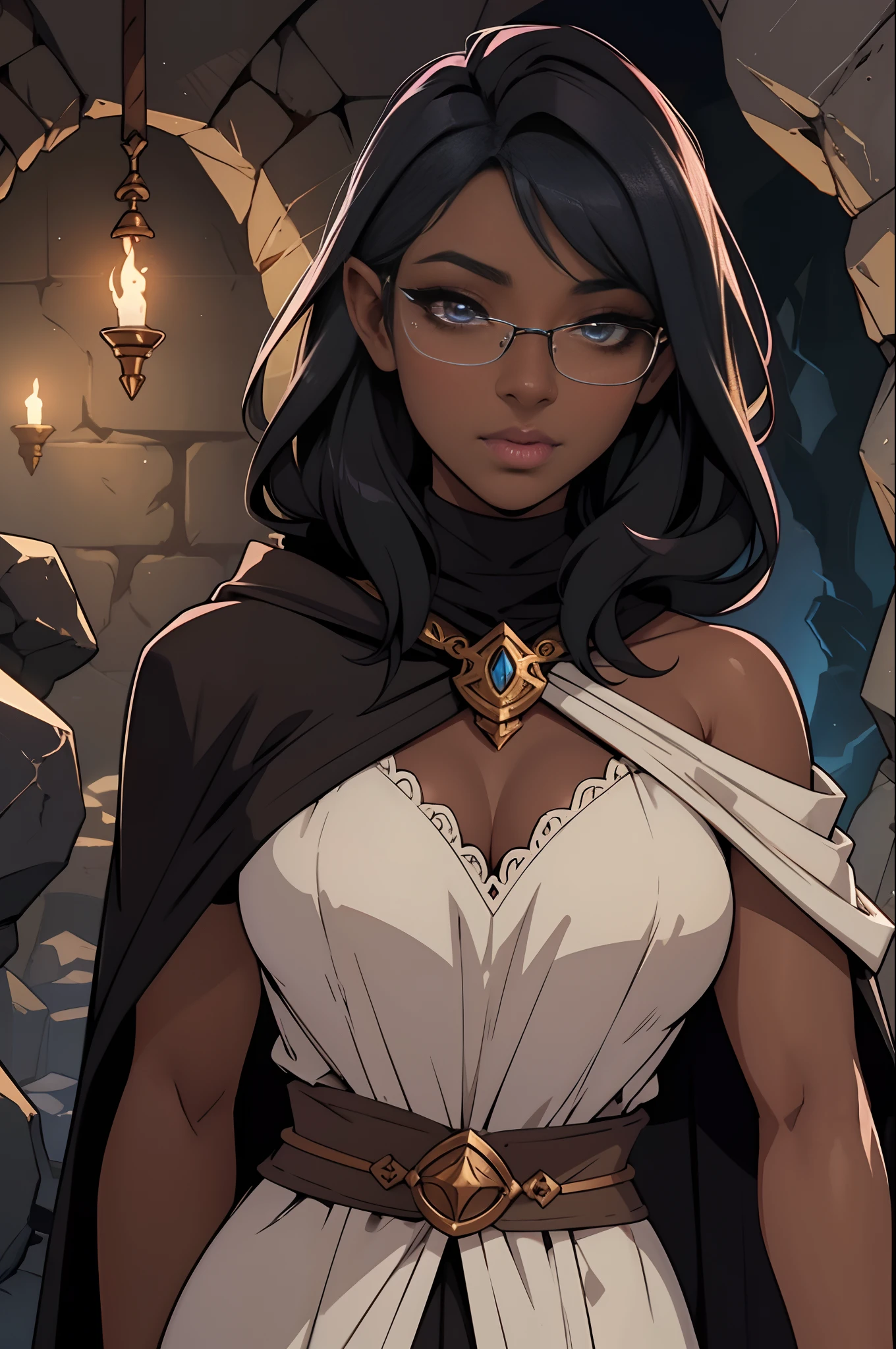 Human female, dungeons and dragons, dark cave, cleric robes, glasses, dark skin, 30 year old woman, large nose, thick lips, eyeliner, large eyelashes,