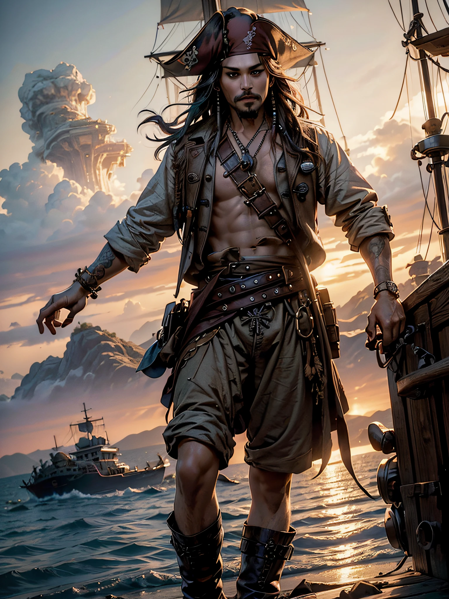 Jack Sparrow, am Ende seines Piratenschiffs stehend, hält seinen Schnurrbart, grinsend, Piratenflagge am Mast, Ganzkörper, {extrem detailliertes 8k CG-Unit-Hintergrundbild}, expansive Landschaftsfotografie, (eine zentrierte Sicht mit Fokus auf Charakter und Setting), (Weite, offene Feldsicht), (Hochwinkelaufnahme), (Markieren: 1.6), (gedimmtes Licht: 1.6), (warme Lichtquelle: 1.8), komplexe Details, (schillernde Farben: 1.5), (Helle Beleuchtung), (stimmungsvolle Beleuchtung), verträumt, Epos