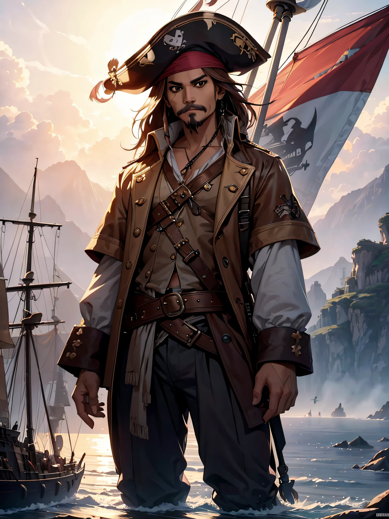 Jack Sparrow, am Ende seines Piratenschiffs stehend, hält seinen Schnurrbart, grinsend, Piratenflagge am Mast, Ganzkörper, {extrem detailliertes 8k CG-Unit-Hintergrundbild}, expansive Landschaftsfotografie, (eine zentrierte Sicht mit Fokus auf Charakter und Setting), (Weite, offene Feldsicht), (Hochwinkelaufnahme), (Markieren: 1.6), (gedimmtes Licht: 1.6), (warme Lichtquelle: 1.8), komplexe Details, (schillernde Farben: 1.5), (Helle Beleuchtung), (stimmungsvolle Beleuchtung), verträumt, Epos