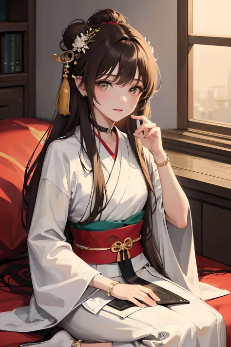 8K分辨率，Works of masters，超高分辨率，Exquisite facial features，s the perfect face，Girl，solo person，ssmile，long whitr hair，A brown-haired，Princess Roll，Bracelet，ear studs，eardrop，choker necklace，Bow hair ornament，feathers hair ornament，hair-bun，Hanfu，sitting  sidew...