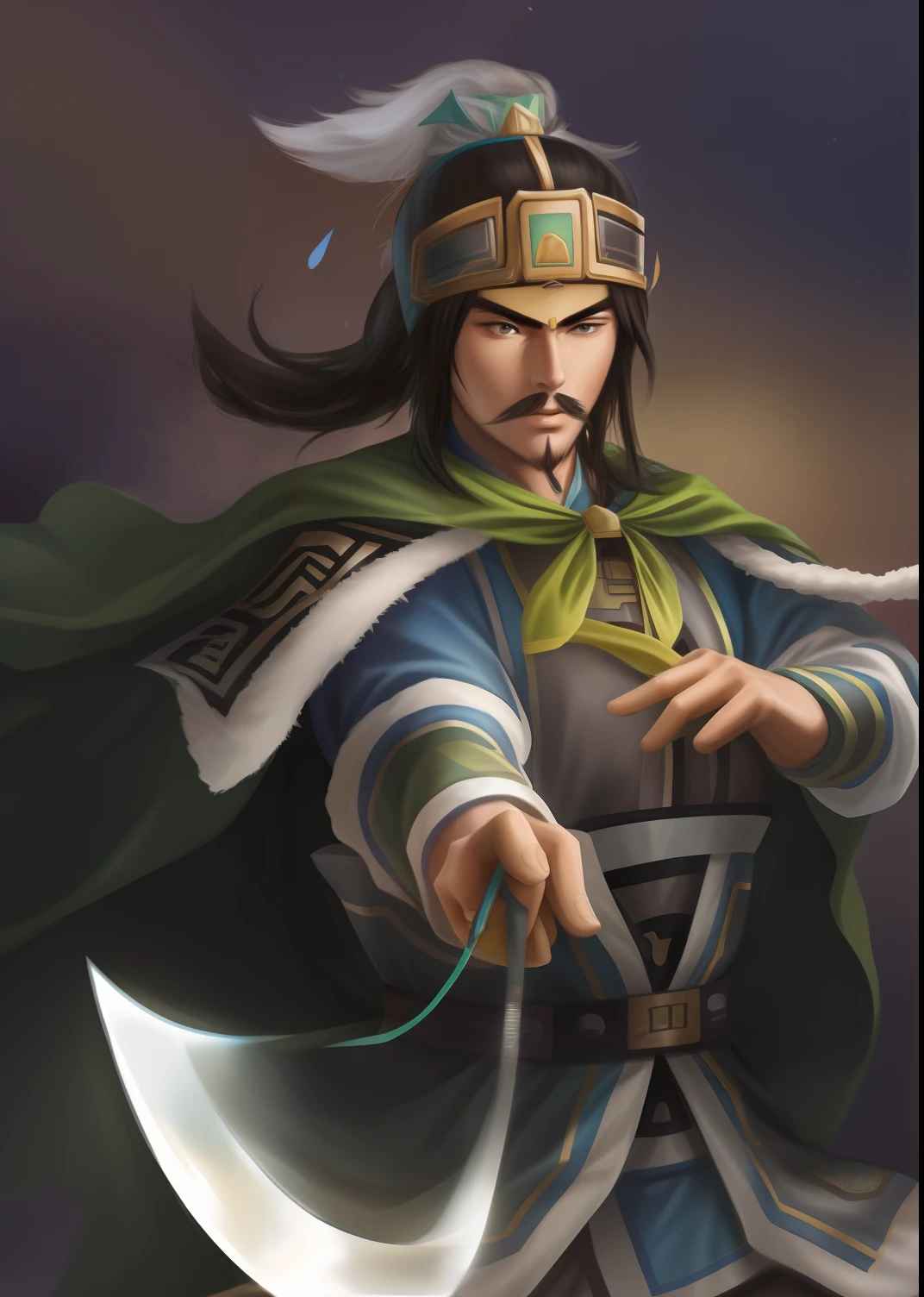 A close-up of a man in a costume holding a knife, zhao yun, Inspired by Cao Zhibai, Guan yu, bian lian, inspired by Fan Kuan, Inspired by Li Tang, feng shu, naranbaatar ganbold, Inspired by Hu Zaobin, inspired by Li Kan, inspired by Xuande Emperor