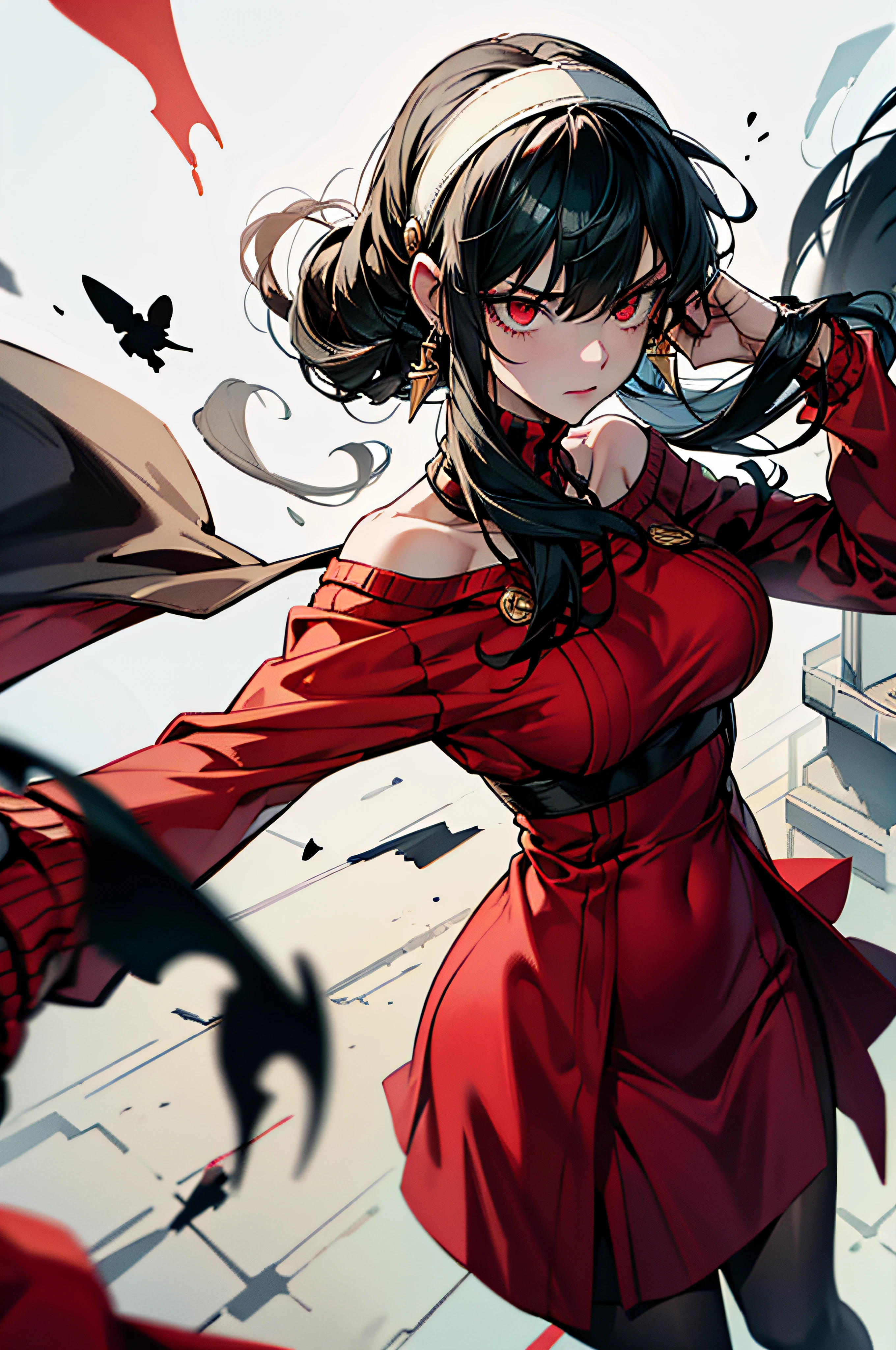 masterpiece, best quality, highres, bbyorf, short hair with long locks, white hairband, red eyes,black hair,gold earrings, large breasts, jewelry, off shoulder, red sweater, sweater dress, long sleeves, black pantyhose,with two golden weapons, blood,standing,dynamic pose,blood, serious face, cold expression,angry, dark illumination, flying blood,background of destroyed site,destroyed city fund,dynamic view,tilted forward,legs open, foot resting on a surface,torn clothes,perfect anatomy