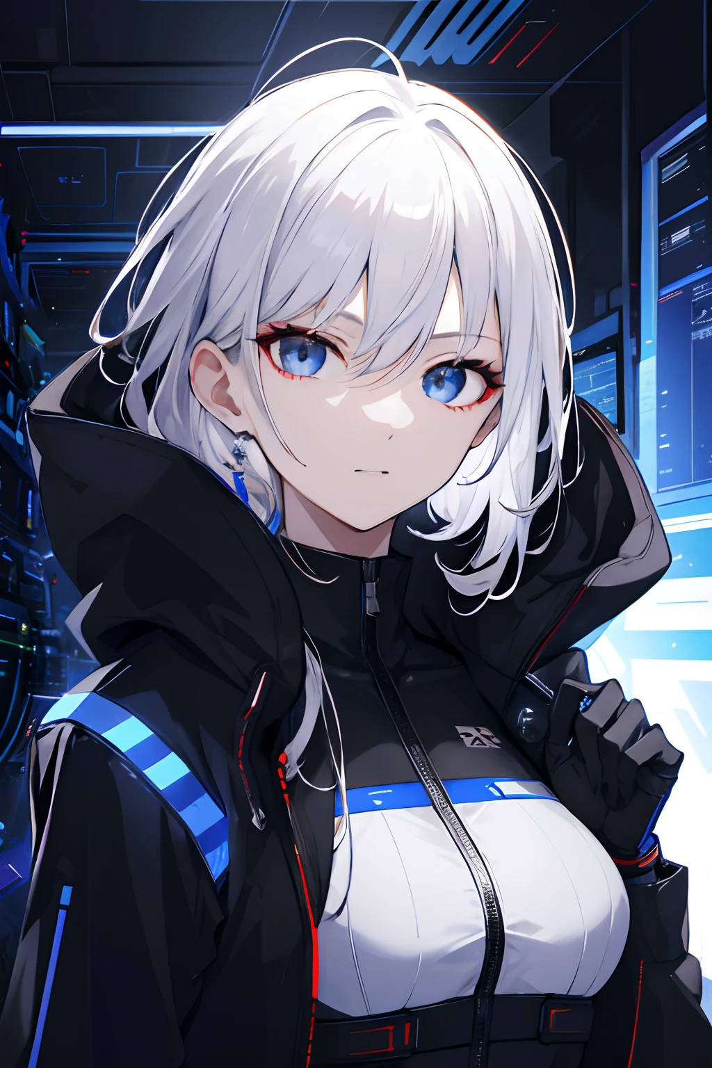 (absurdres, highres, ultra detailed), 1woman, mature female, aged up, wavy long hair, white hair, black eyes, bangs, long sleeves, finely detailed eyes and detailed face, extremely detailed CG unity 8k wallpaper, intricate details, portrait, looking at viewer, solo, (full body:0.6), detailed background, detailed face, (matrix theme:1.1) evil high-tech futuristic hacker,  advanced technology, hoodie, techwear, wearable device, keycard, cables, head-up display, blue (holographic display:1.05), access granted,   cybersecurity, server room in background, orange lights,  dark sinister atmosphere, , portrait, wind swirling