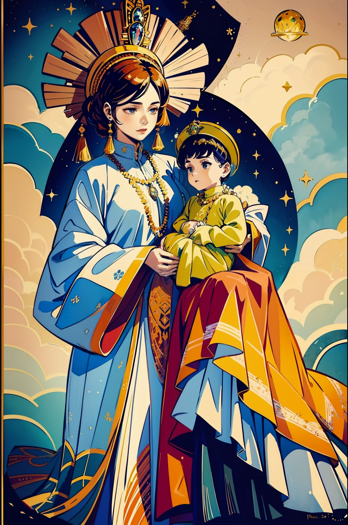 Water colour painting style, The beautiful 16-year-old queen holds a (baby prince:1.5) wearing shavings in her arms, Walking, Straight eyes, radiating a brilliant aura, Rosary handle, Crown Team, (Systemic: 2.0), Stand in the cloud, our lady, (full body: 2.0)