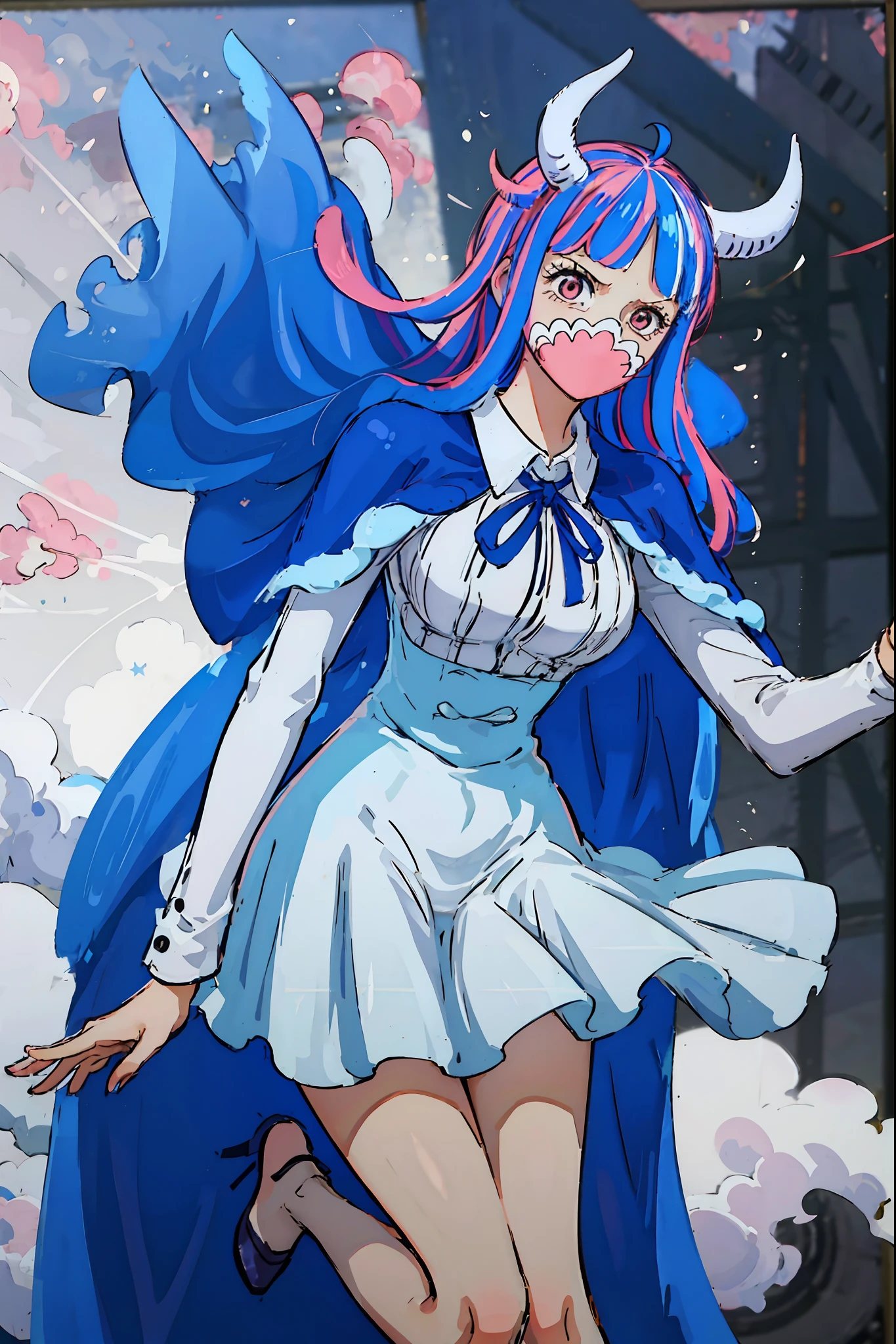 Anime girl with blue hair and horns in a blue dress SeaArt AI