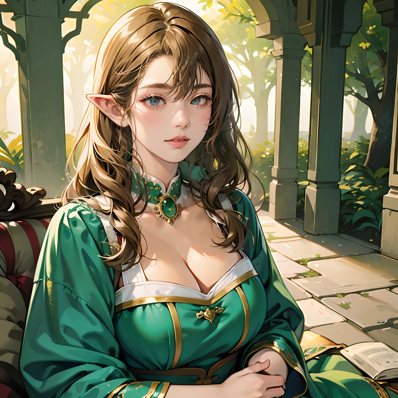 Women in Their 20s, offcial art, unity 8k wall paper, ultra-detailliert, beautifly、Aesthetic, ​masterpiece, top-quality, Photorealsitic, Female Elf、Dark green eyes、blondehair、Braids:2.0、Pointed ears、Dark green costume、Light green blouse、Gold Brooch、golden hair ornaments、Big magic wand:2.0、Big bag、depth of fields, Fantastic atmosphere, Calm palette, tranquil mood, Soft shading、Ruins in the forest、Ruins covered in vegetation、Crumbling stone statue、Green Tree々、Beautiful Landscapes、bbw、very large breast、plump figure、Shining Fairy