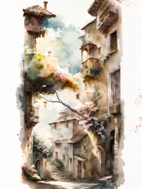 (estilo aquarela, Arte Espectral) + Vista (A begonia tree in the background, vento e chuva e flores caindo em todos os lugares, ...