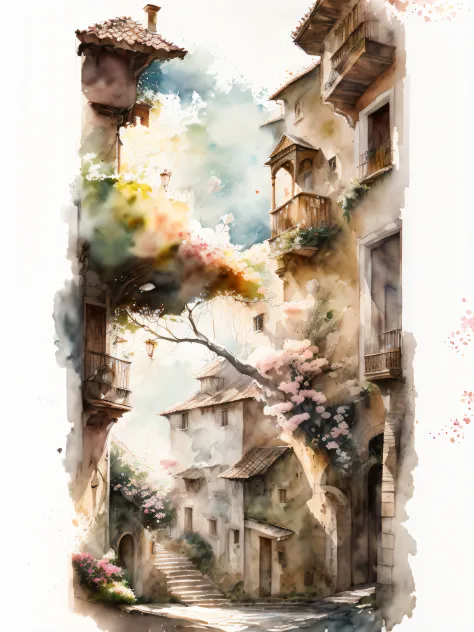(estilo aquarela, Arte Espectral) + Vista (A begonia tree in the background, vento e chuva e flores caindo em todos os lugares, ...