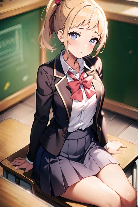 Anime girl sitting on a bench in a classroom with a blackboard, hyperrealistic schoolgirl, hyperrealistic schoolgirl, Beautiful ...