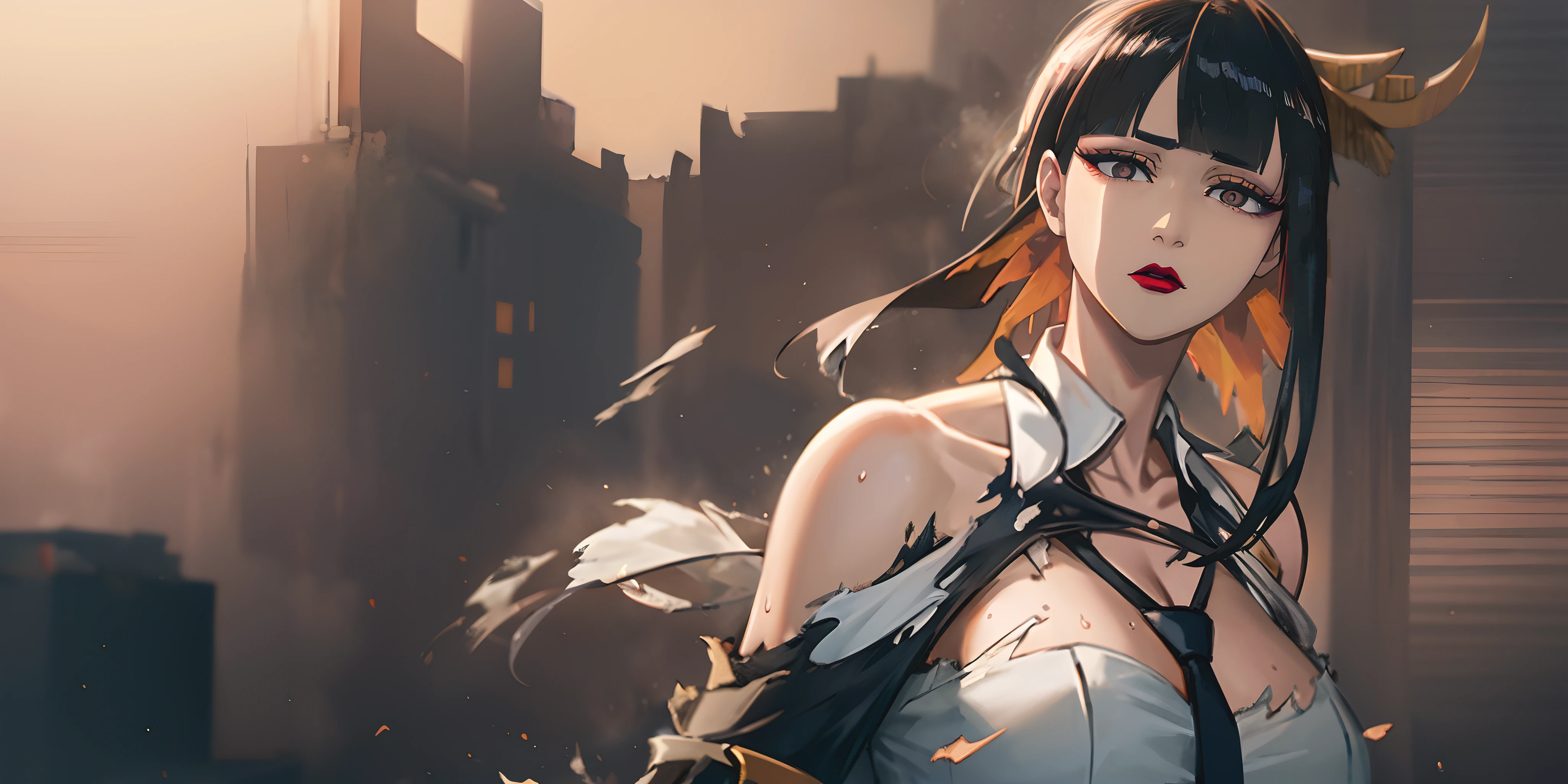 senjumaru shutara, (long hair, bangs, blunt bangs, black hair, sidelocks:1.5), (black eyes:1.5), makeup, lipstick, red lipstick, sweating, glowing eyes, heavy breathing, female focus, 1girl, solo, breasts, armor, ribbon, looking_at_viewer, upper_body, building,  outdoors, breastplate, dress, cape, huge breasts, breast press, torn, cleavage, necktie, bare shoulder, breastsplate, "glow effects, godrays, Hand drawn, render, 8k, octane render, cinema 4d, blender, dark, atmospheric 4k ultra detailed, cinematic, Sharp focus, big depth of field, Masterpiece, colors, 3d octane render, 4k, concept art, trending on artstation, hyperrealistic, Vivid colors, extremely detailed CG unity 8k wallpaper, trending on CGSociety, Intricate, High Detail, dramatic", anime coloring, anime screencap, sweating, steaming body, fog