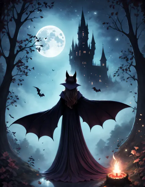 Cute Cartoon,CuteCartoonAF, view from behind, an alluring (solo:1.3) vampire queen, (bat cloak), (amidst magical mist:1.2), dark...