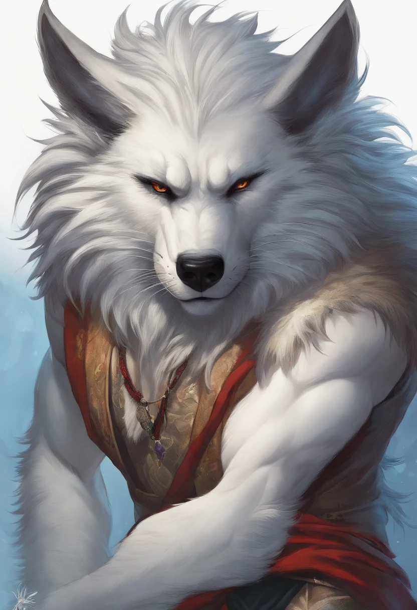 A painting of a white wolf with red eyes and a red shirt - SeaArt AI