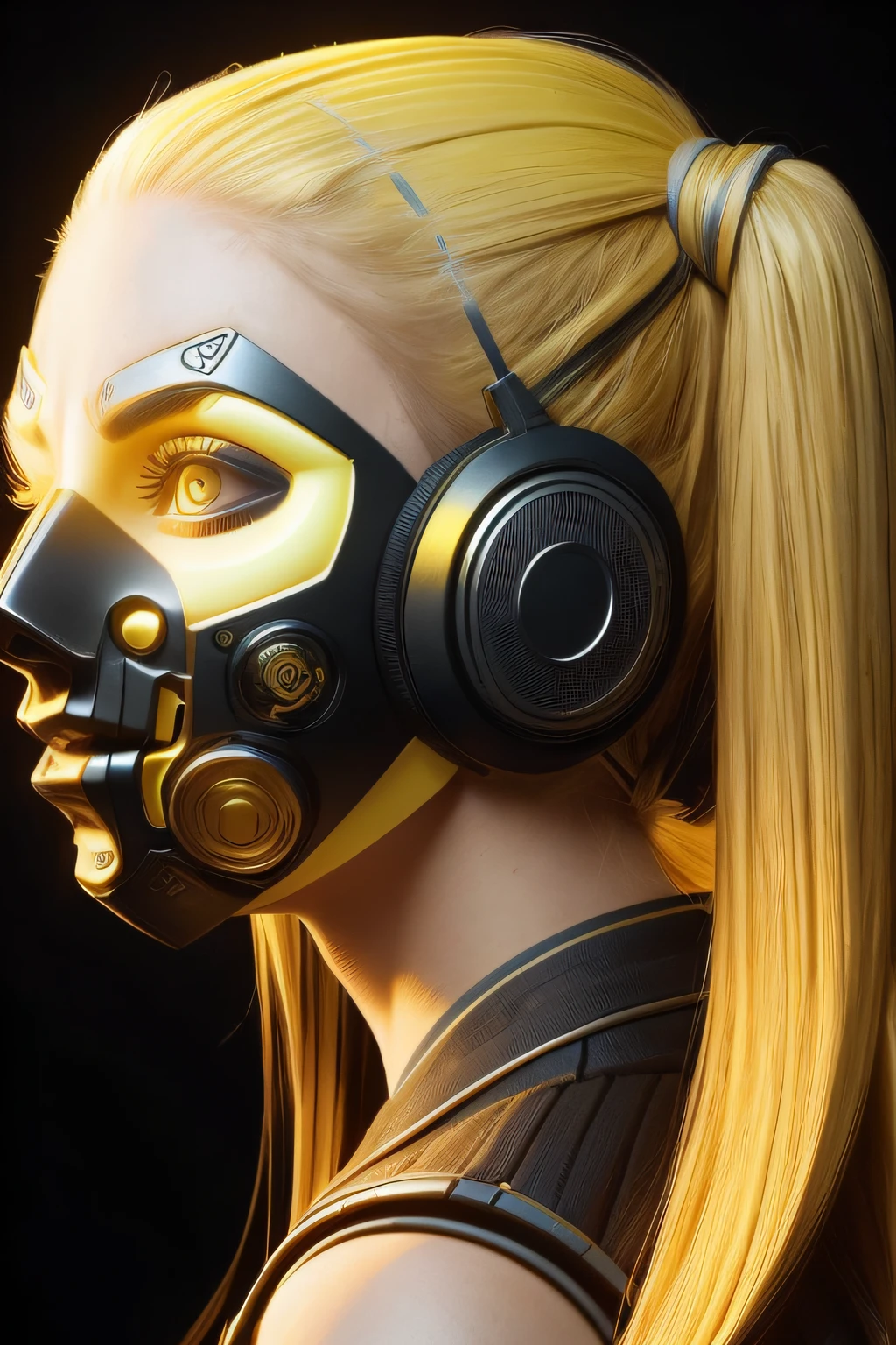 girl with long yellow hair, yellow eyes, futuristic vibes, mask on mouth, headphones, 8k, high quality, simple background, glowing eyes, nice pose