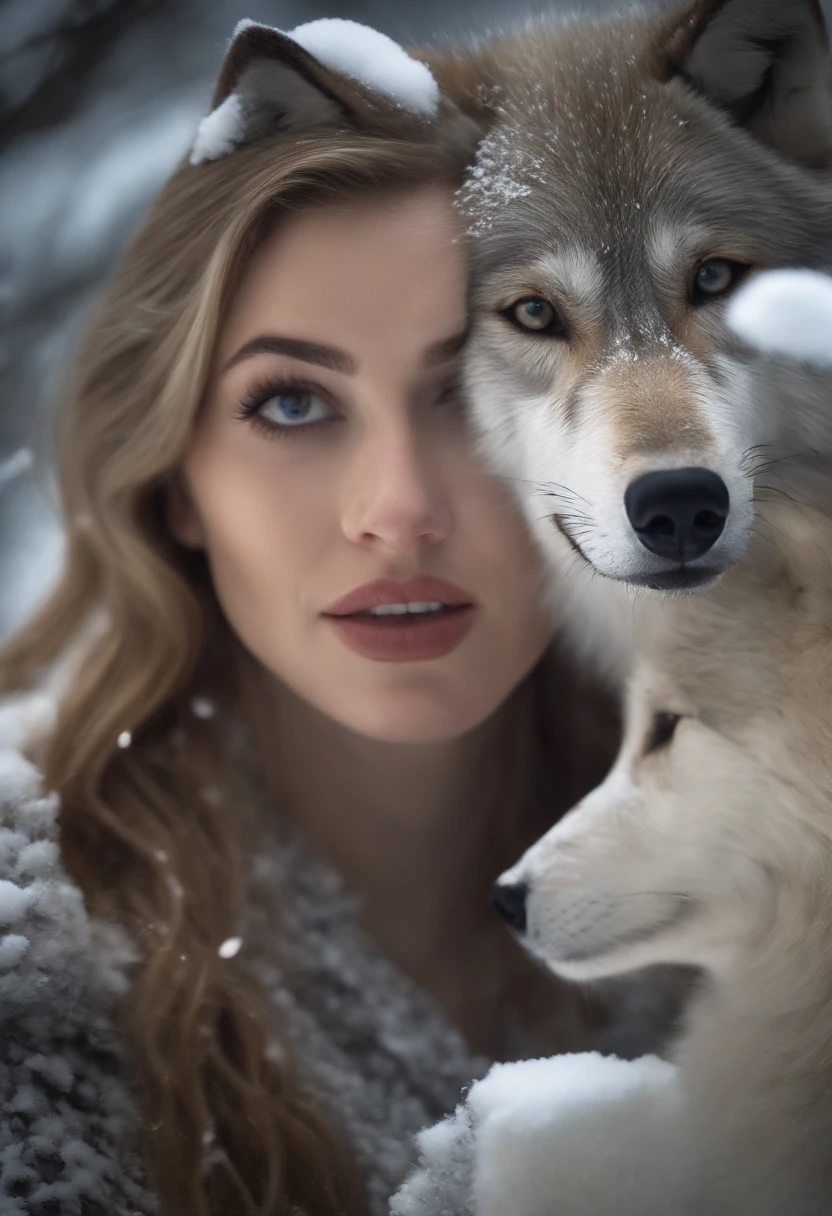 (best quality,4k,ultra-detailed,highres,masterpiece:1.2), HDR, realistic, portrait, blonde girl, icy forest, big brown wolf, detailed eyes, detailed lips, long eyelashes, snow-covered trees, crisp winter air, soft warm sunlight, white snowflakes, majestic presence of the wolf, serene atmosphere