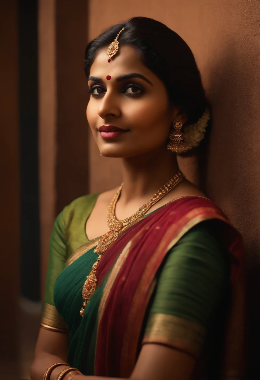 Indian women standing,sitting in hotel,table in front of her 